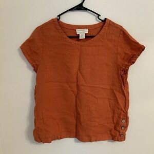 CYNTHIA ROWLEY Orange 100% Linen Short Sleeve‎ Top Side Buttons Beach Size M